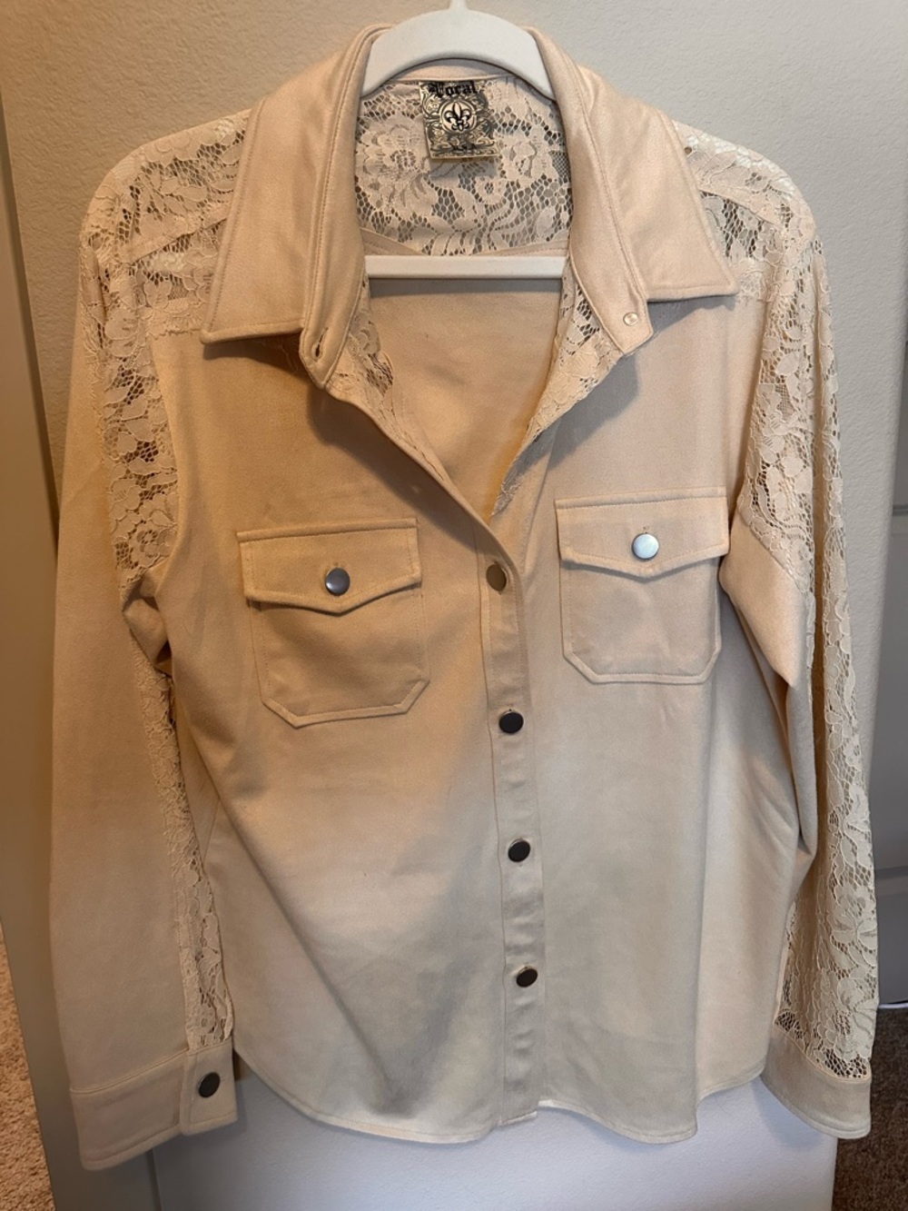 Cream Lace-Back Faux-Suede Button Front Shirt Jacket